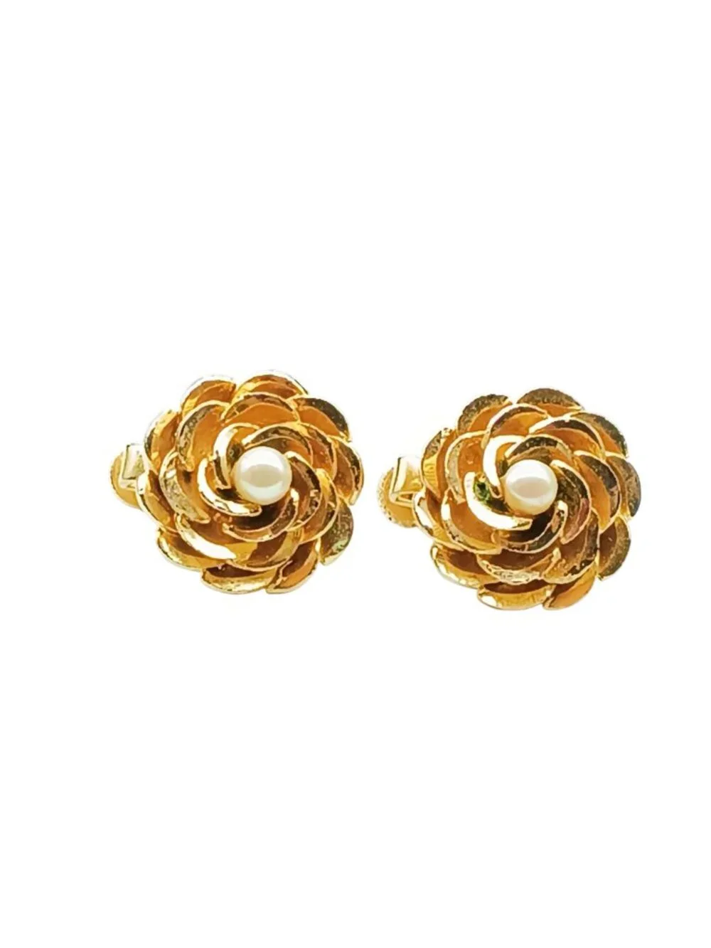 Vintage Vendome Flower Earrings, Gold Tone Camellia Bloom with Pearl Center Clip
